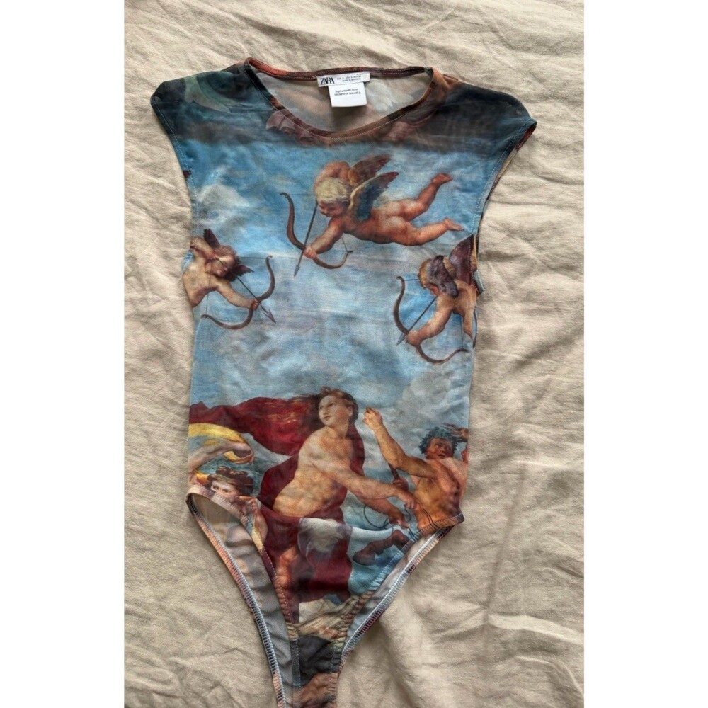 Zara Renaissance Art Mesh Bodysuit Raphael Triumph of Galatea Blue Small